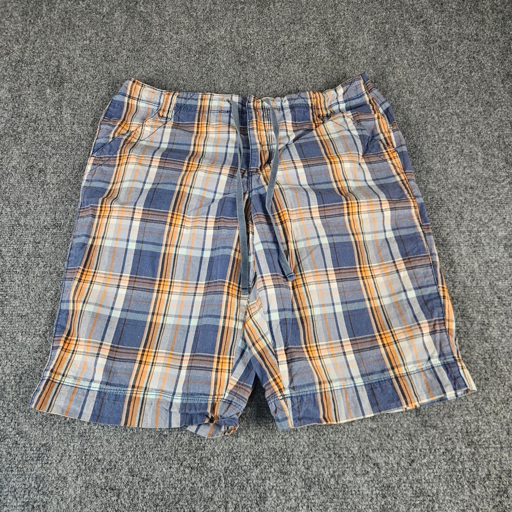 French Cuff Mens Plaid Shorts Blue Orange Cotton Drawstring Waist Size 10